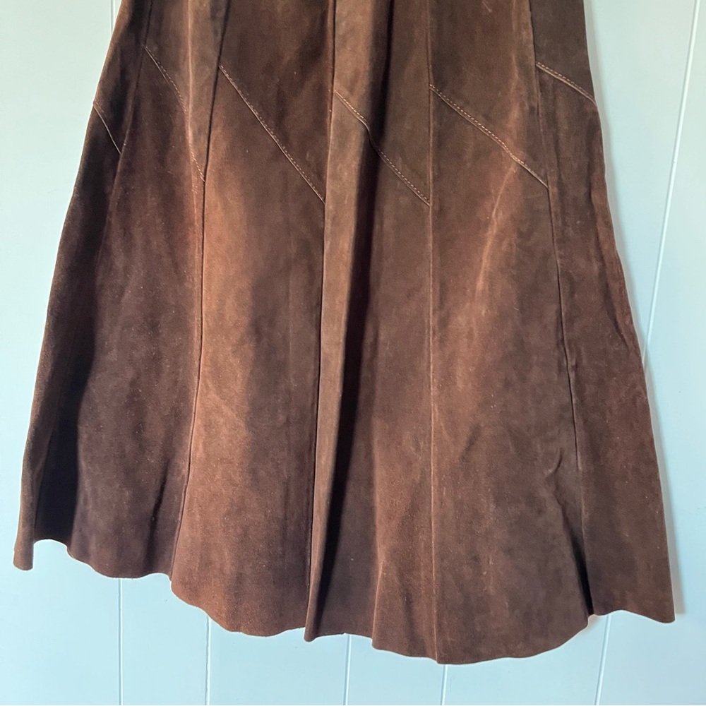 Vintage Suede Leather Skirt Brown Maple Leaf Snap Front Canada Appliqué Midi Vtg - Picture 9 of 14